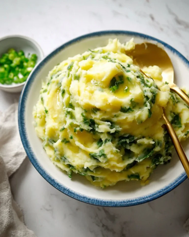 A delicious serving of Irish Colcannon with creamy mashed potatoes and greens.