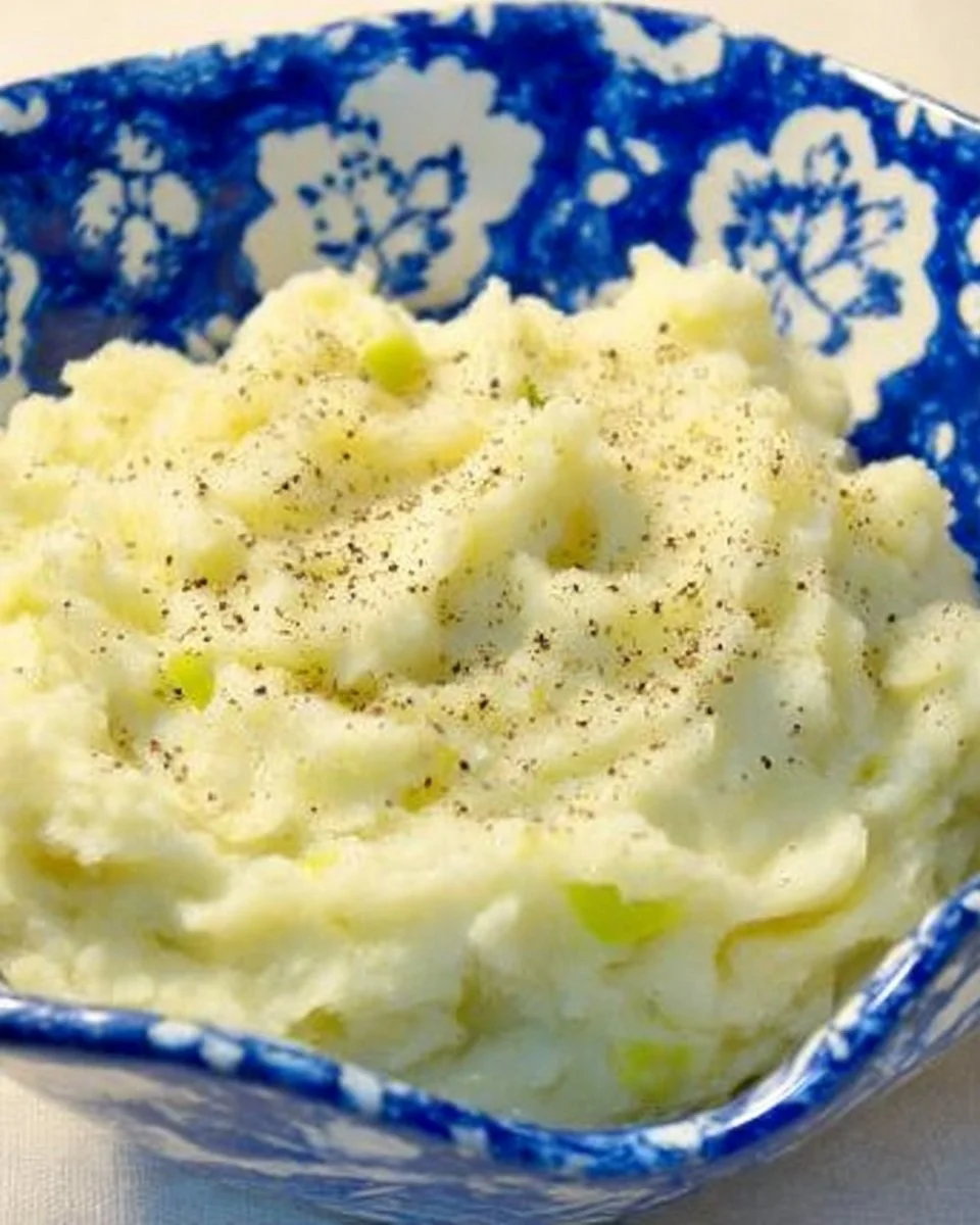 A bowl of Irish Colcannon with creamy potatoes and cabbage, garnished with parsley.