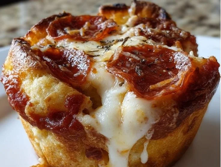 Mini deep dish crescent roll pizzas topped with cheese and pepperoni on a baking tray
