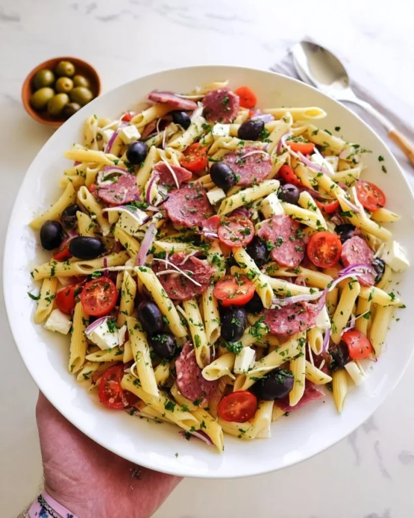 Delicious Italian pasta salad with fresh vegetables and dressing