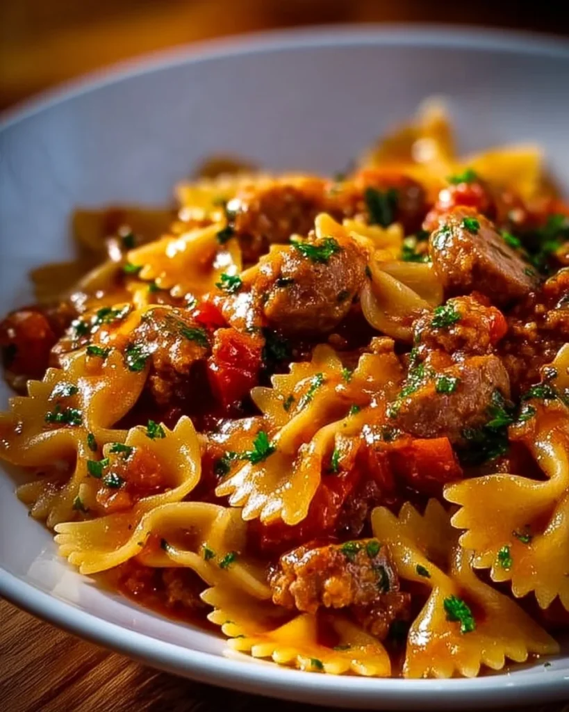 Plate of Italian sausage with bow tie pasta garnished with parsley