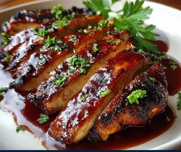 Plate of juicy grilled BBQ chicken with sauce and fresh herbs