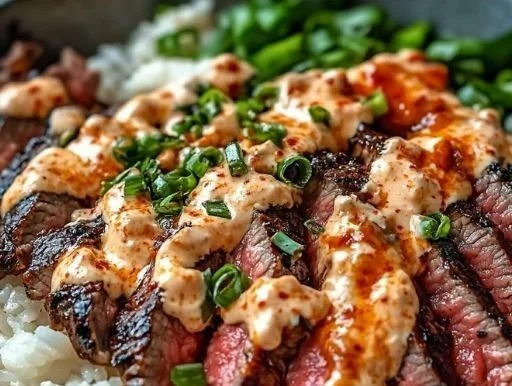 Korean BBQ steak rice bowl topped with spicy cream sauce and garnished with vegetables
