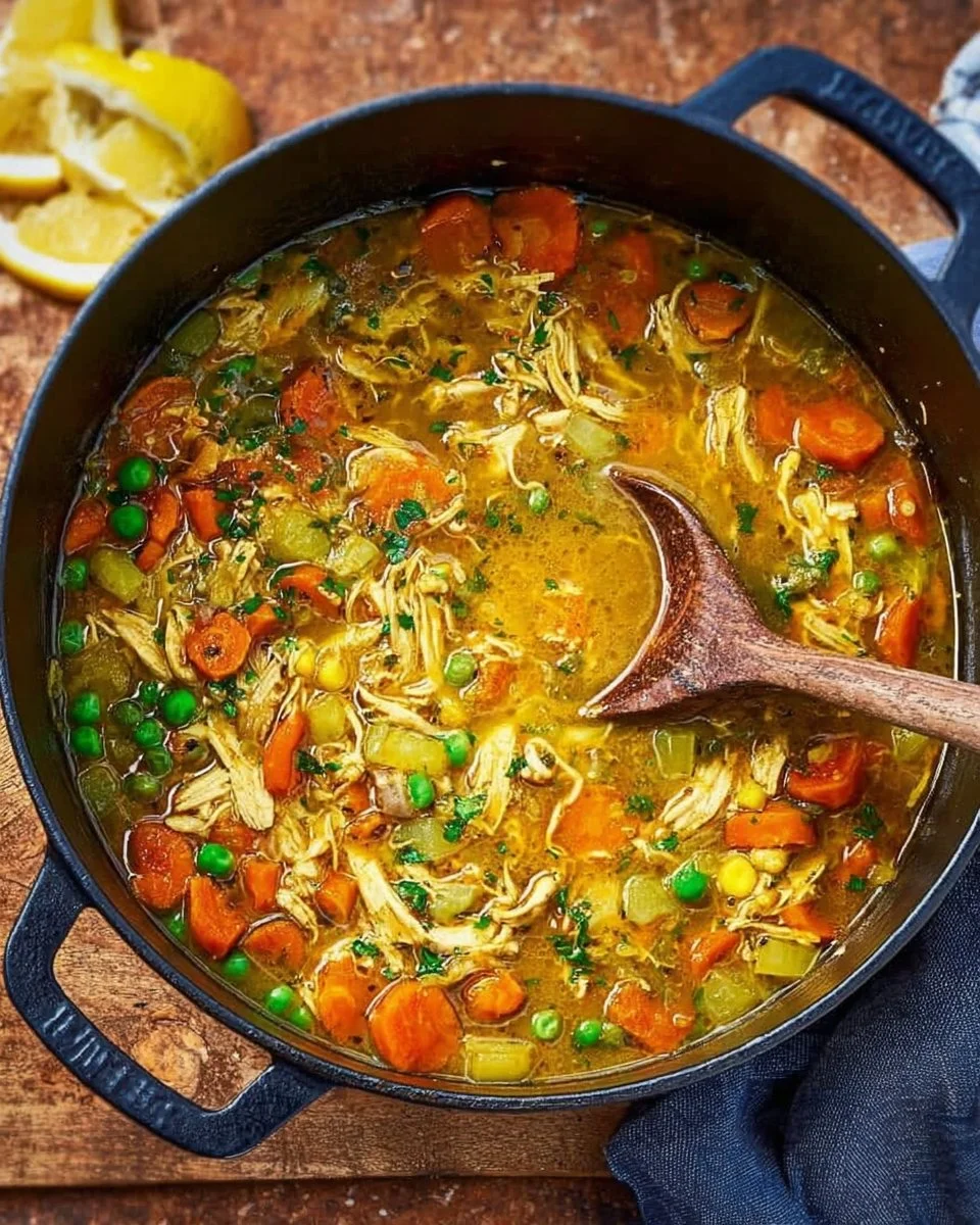 Bowl of delicious Lemon Chicken Orzo Soup with chicken, orzo, and fresh lemon