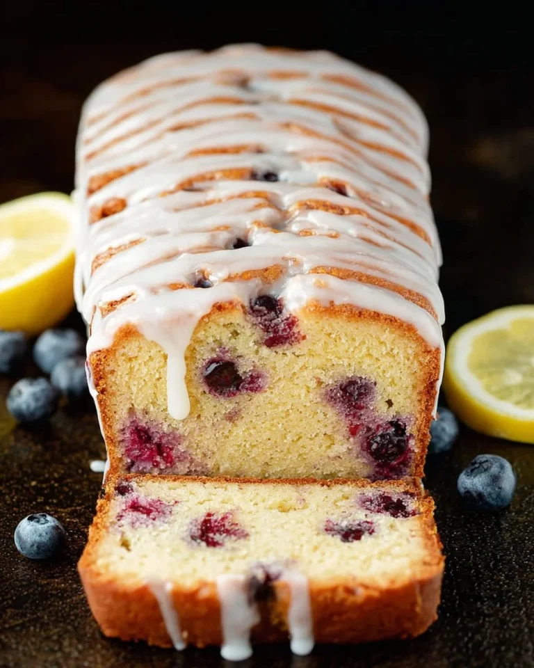 Lemon glazed blueberry bread loaf with blueberries and lemon slices