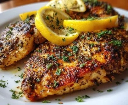 Juicy lemon pepper chicken seasoned with spices and herbs, served on a plate.