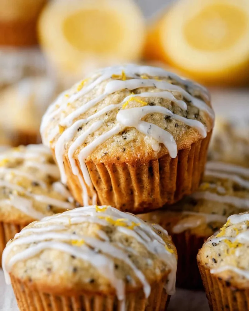 Freshly baked lemon poppy seed muffins on a wooden table