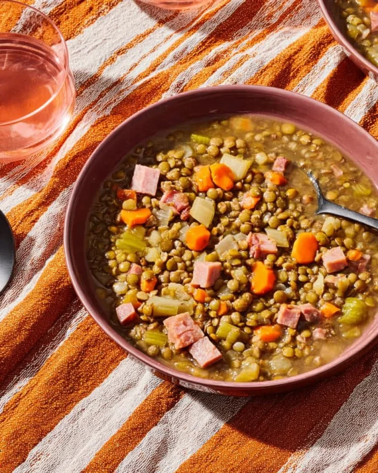 Bowl of delicious Lentil Ham Soup with herbs and spices on a table