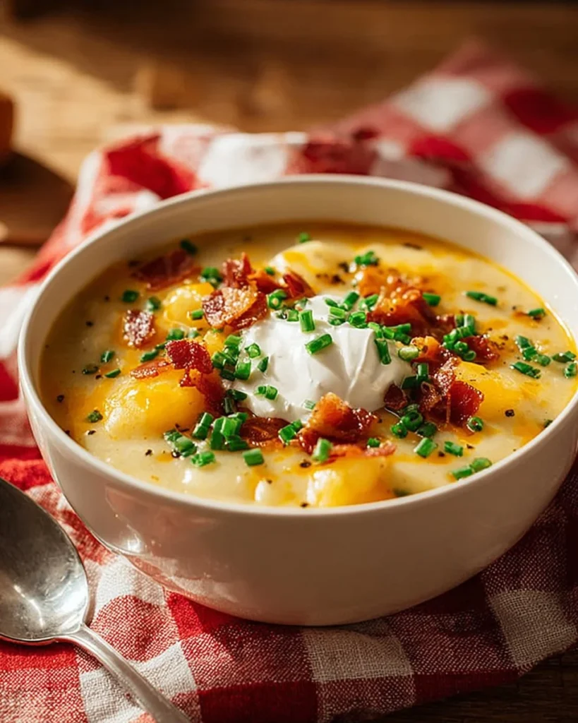Delicious loaded baked potato soup topped with cheese and green onions