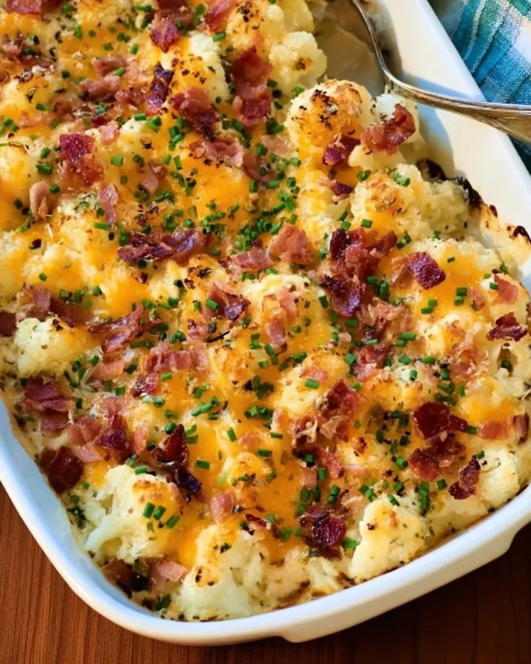 Loaded Cauliflower Casserole dish topped with melted cheese and green onions