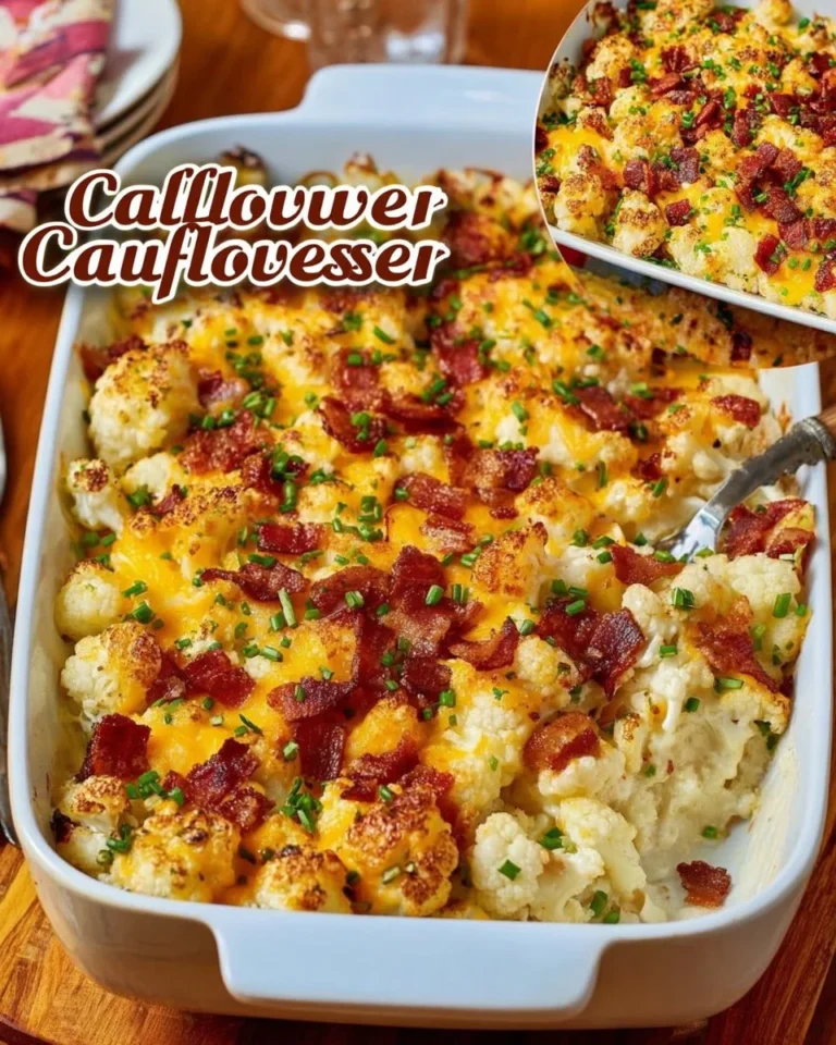 Loaded Cauliflower Casserole topped with cheese and herbs