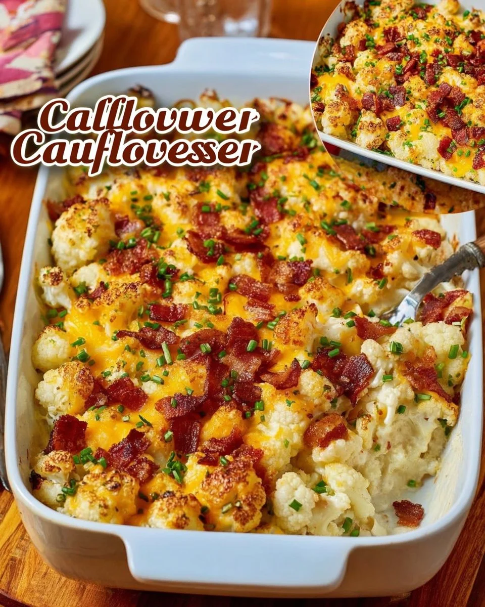 Loaded Cauliflower Casserole topped with cheese and herbs