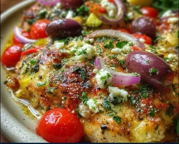 Mediterranean Chicken Zucchini Bake topped with fresh herbs and spices