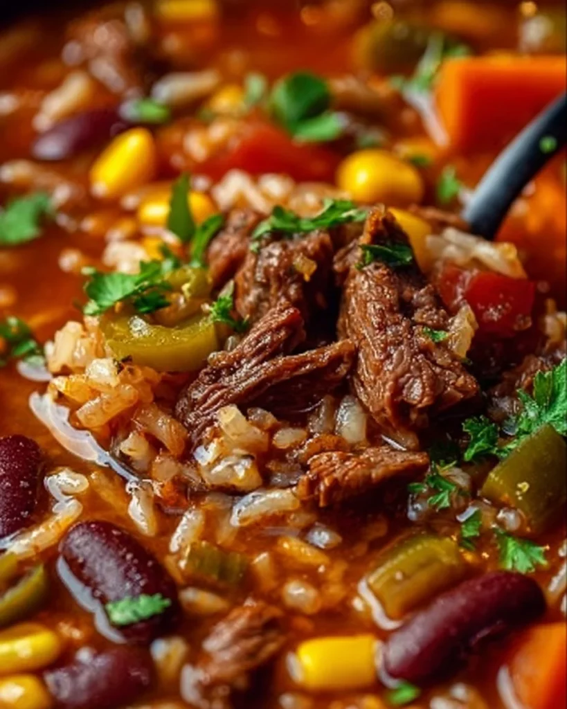 A bowl of Mexican Beef and Rice Soup garnished with fresh herbs