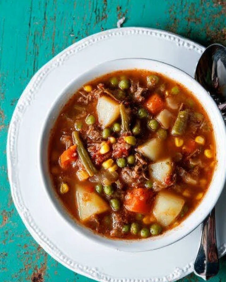 Bowl of Mom's Old-Fashioned Vegetable Beef Soup filled with vegetables and beef.