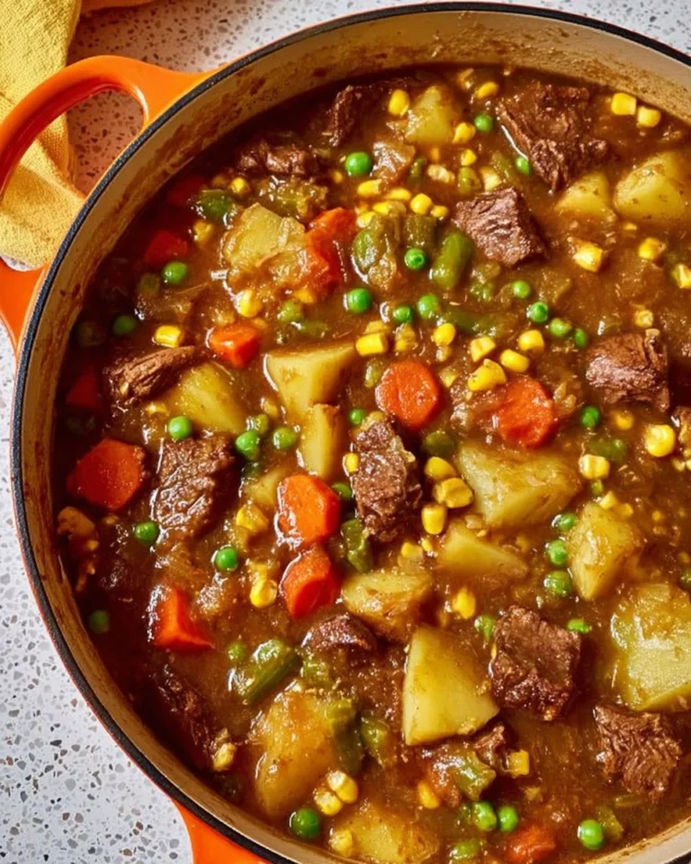 A delicious bowl of Mulligan Stew filled with vegetables and meat.