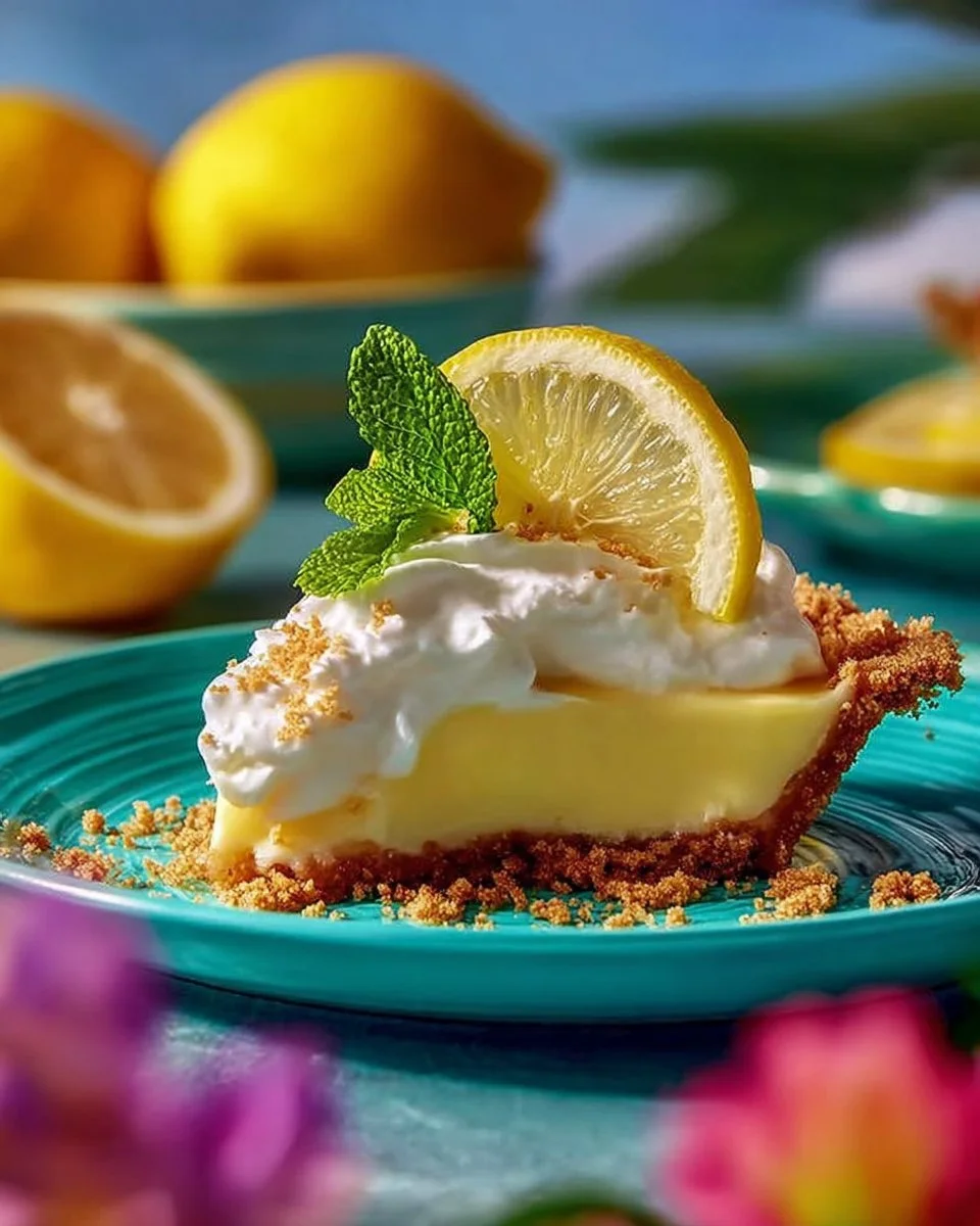 No Bake Lemon Pie with fresh lemon slices and a graham cracker crust