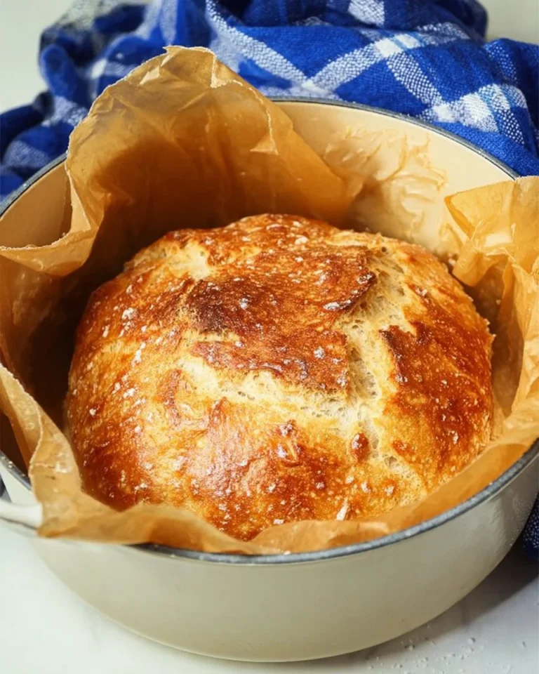 Loaf of freshly baked no knead bread on a wooden table