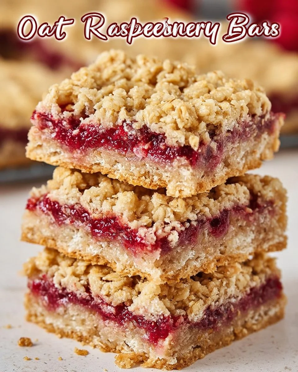 Oatmeal bars topped with raspberry jam on a wooden kitchen table