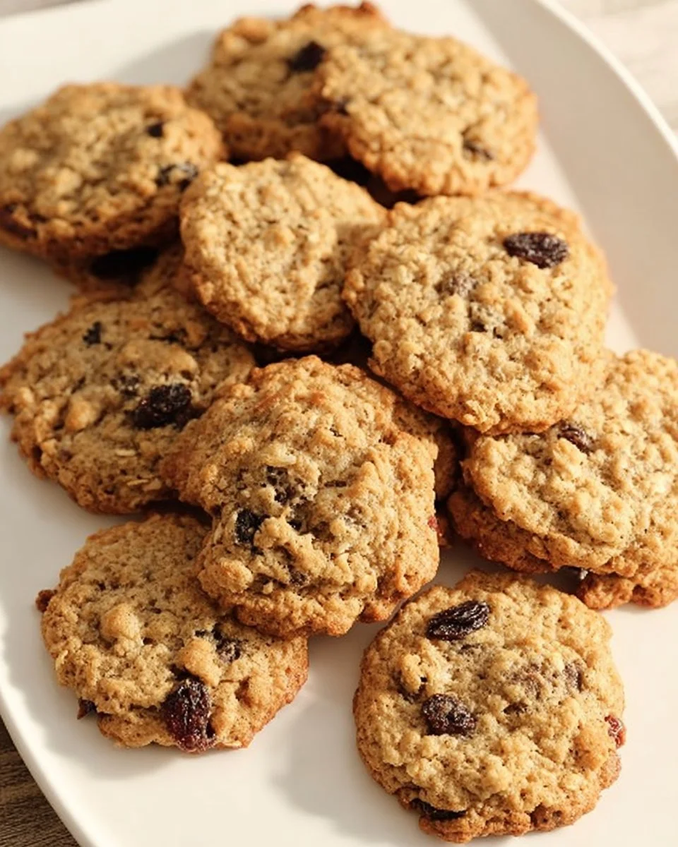 Homemade oatmeal raisin cookies on a cooling rack