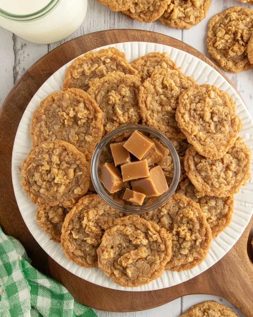 Freshly baked oatmeal toffee cookies with chocolate chunks and oats