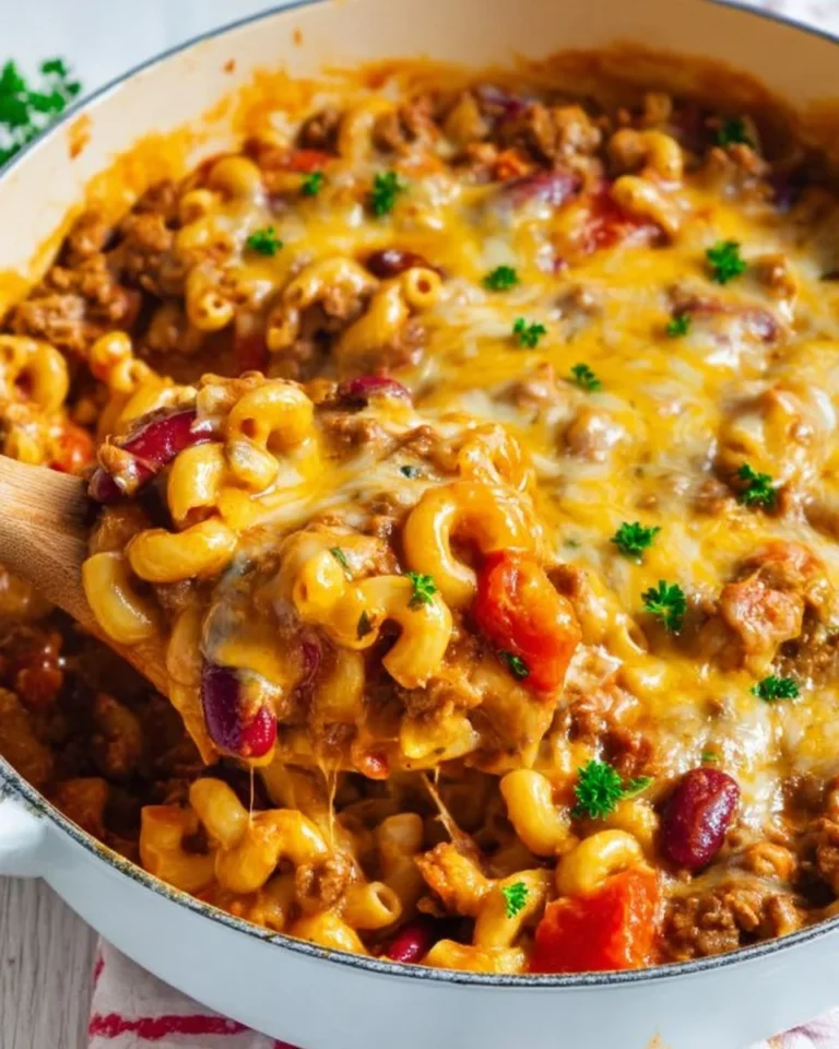 One-Pot Chili Mac dish served with cheese and herbs in a bowl.