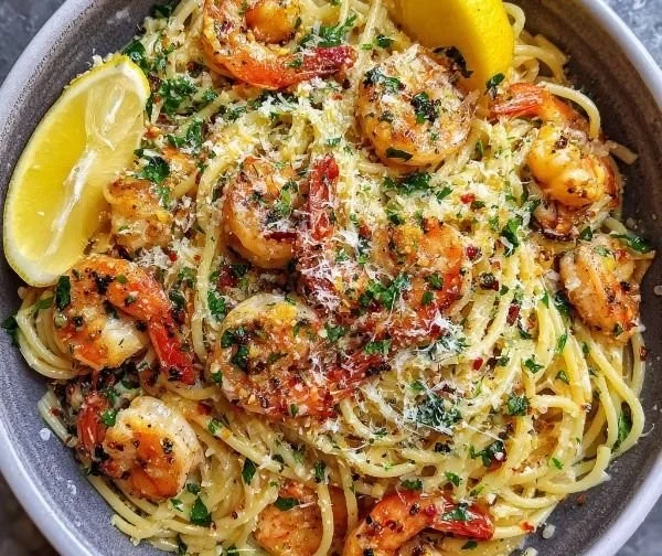 One-Pot Garlic Butter Shrimp Pasta with fresh ingredients