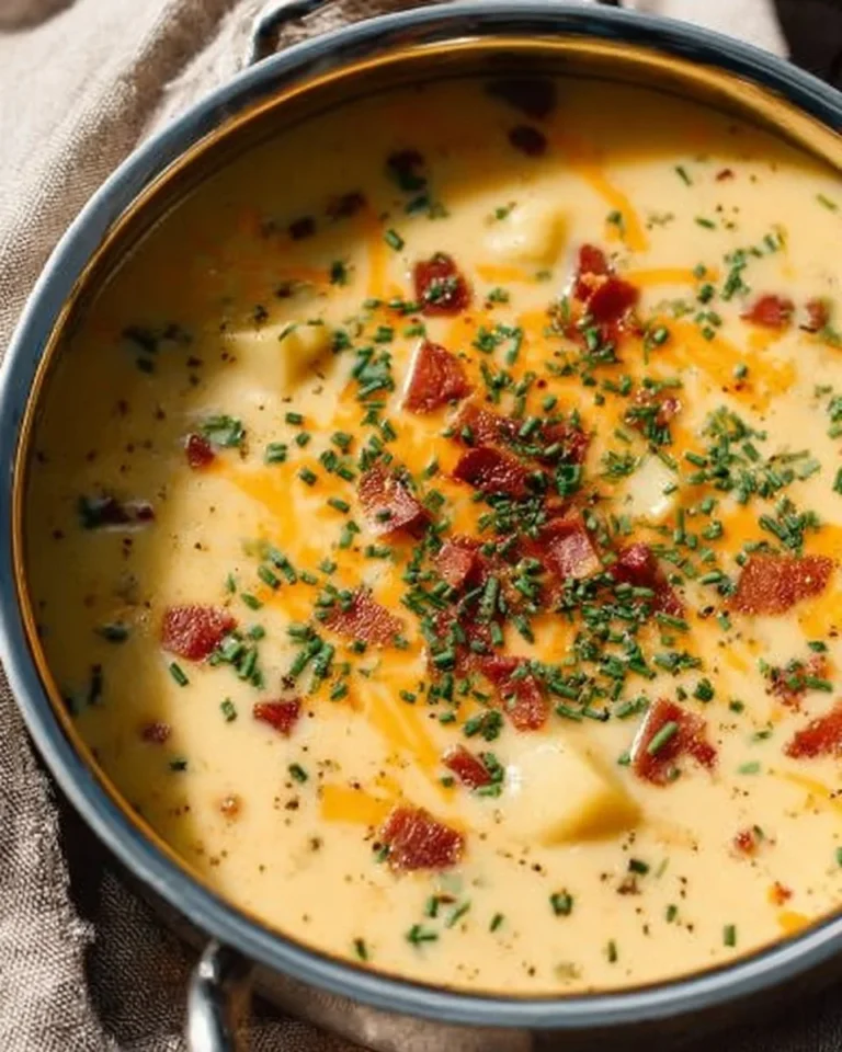 A warm bowl of Outback Potato Soup topped with herbs and spices.