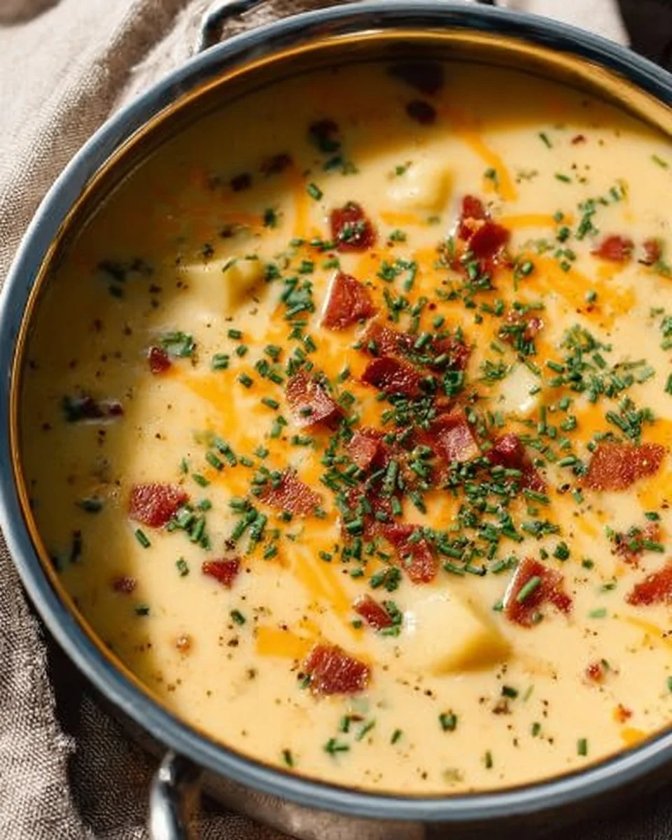 A warm bowl of Outback Potato Soup topped with herbs and spices.