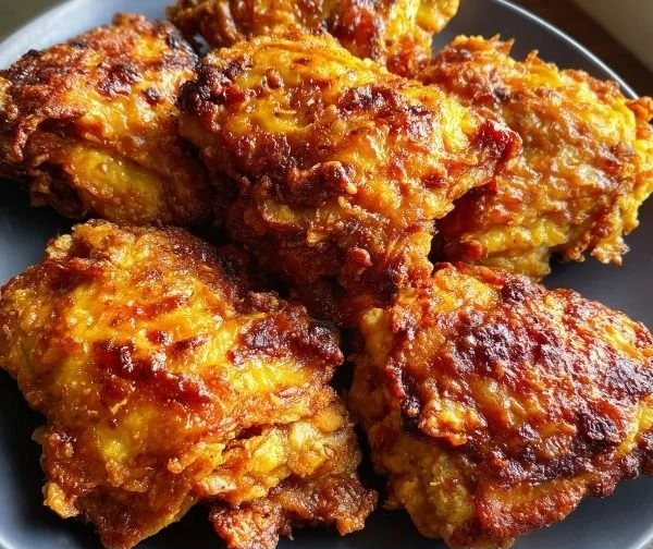 Crispy oven-fried chicken thighs served on a plate with herbs