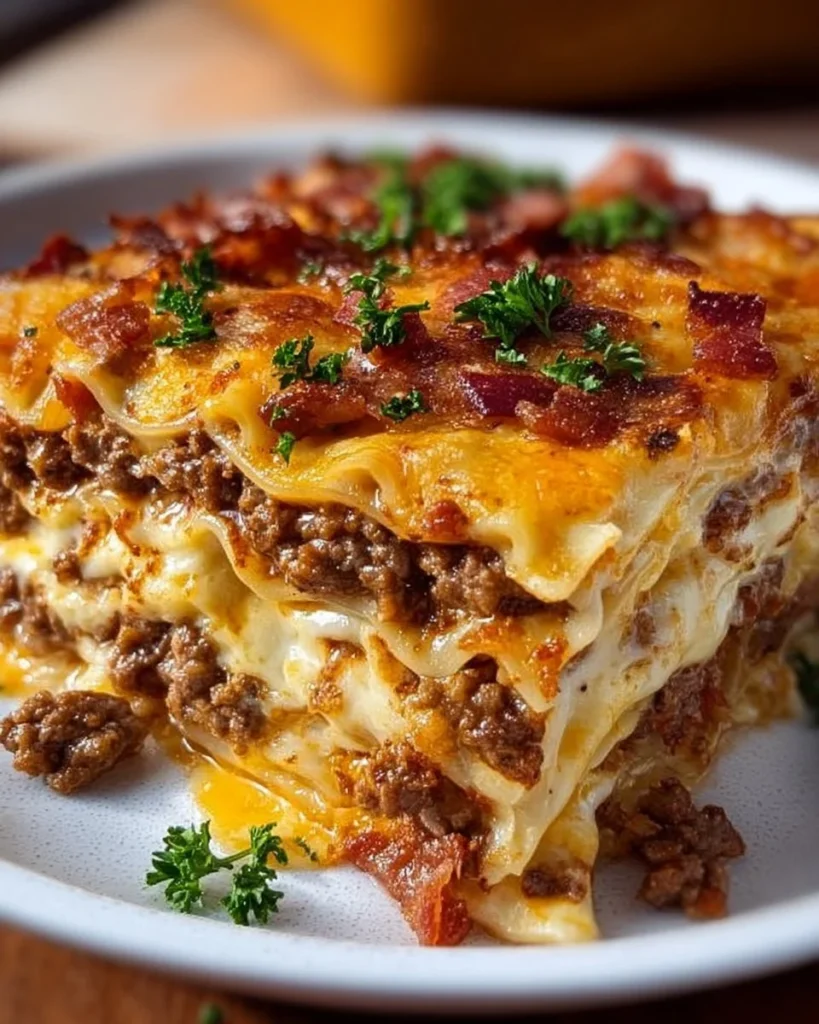 Parmesan Garlic Bacon Cheeseburger Lasagna served in a white dish