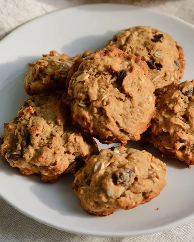Peanut Butter Oatmeal Chocolate Chip Cookies stacked on a plate.