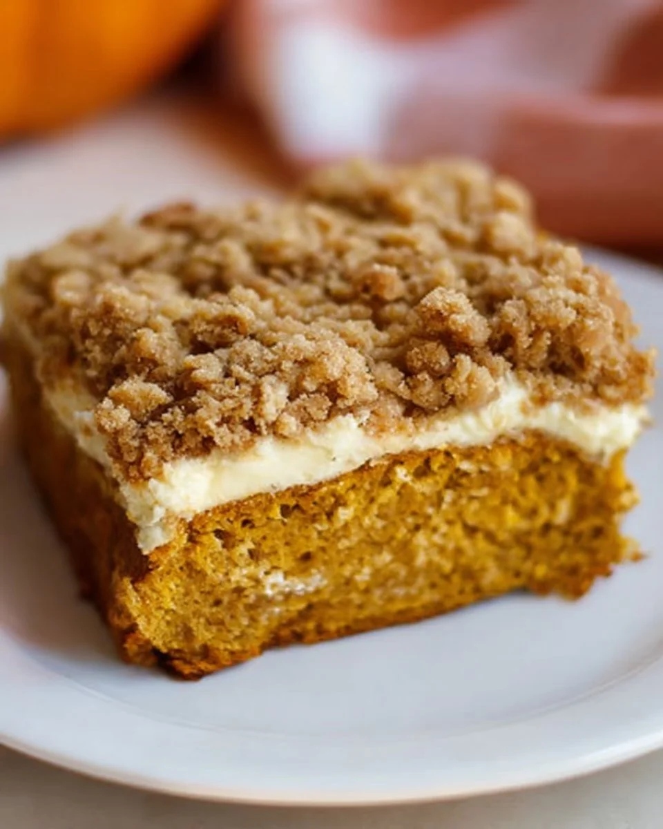 Delicious slice of pumpkin cake topped with cream cheese frosting