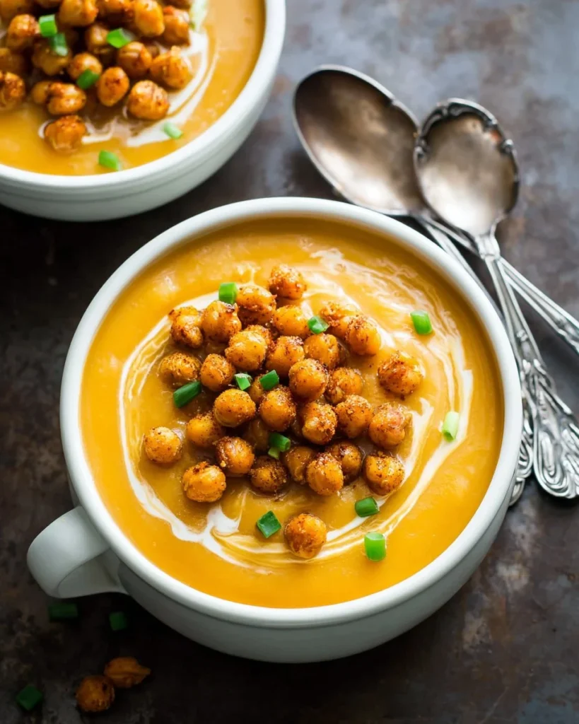 Bowl of creamy roasted butternut squash soup garnished with herbs