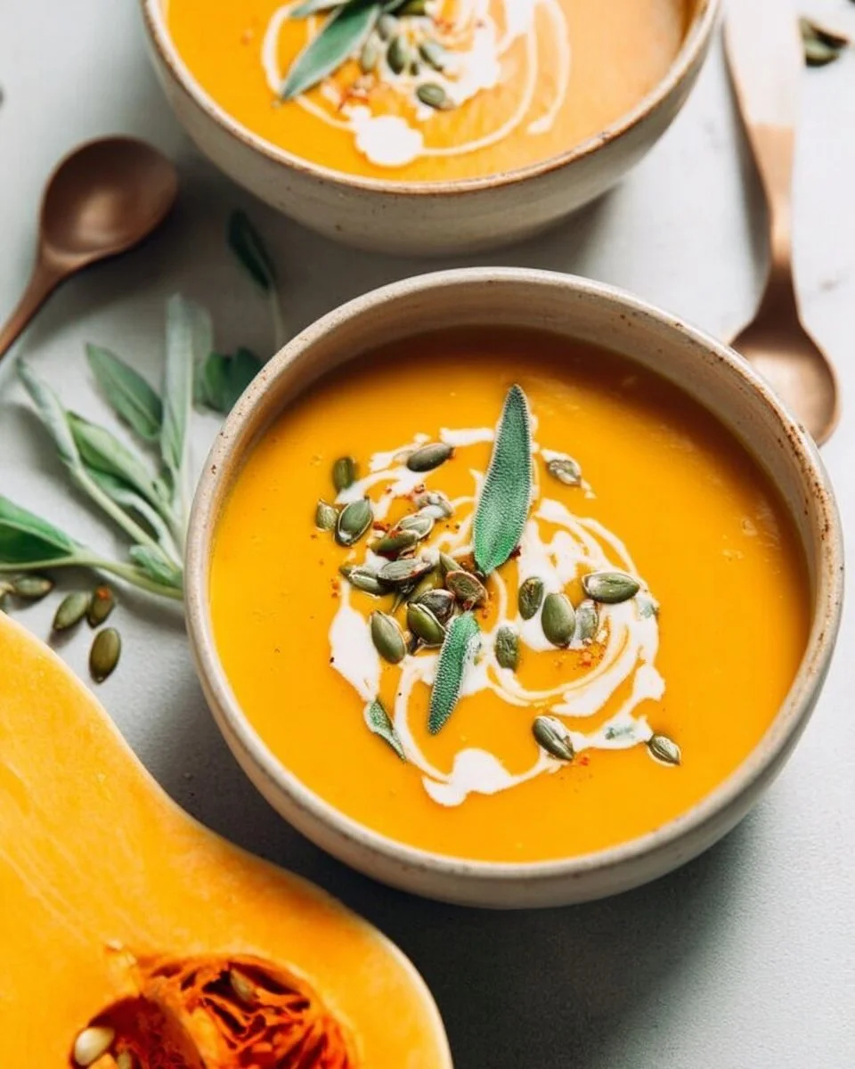 Bowl of creamy roasted butternut squash soup topped with herbs and spices