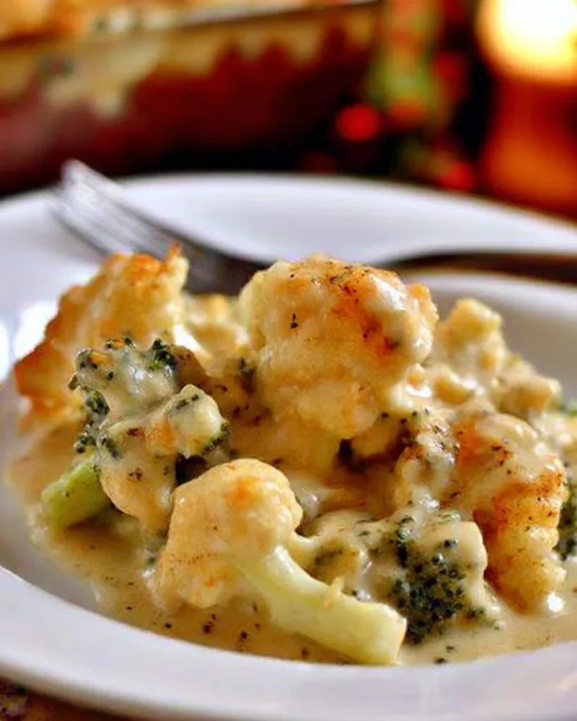 Roasted cauliflower and broccoli topped with cheddar cheese sauce in a serving dish.