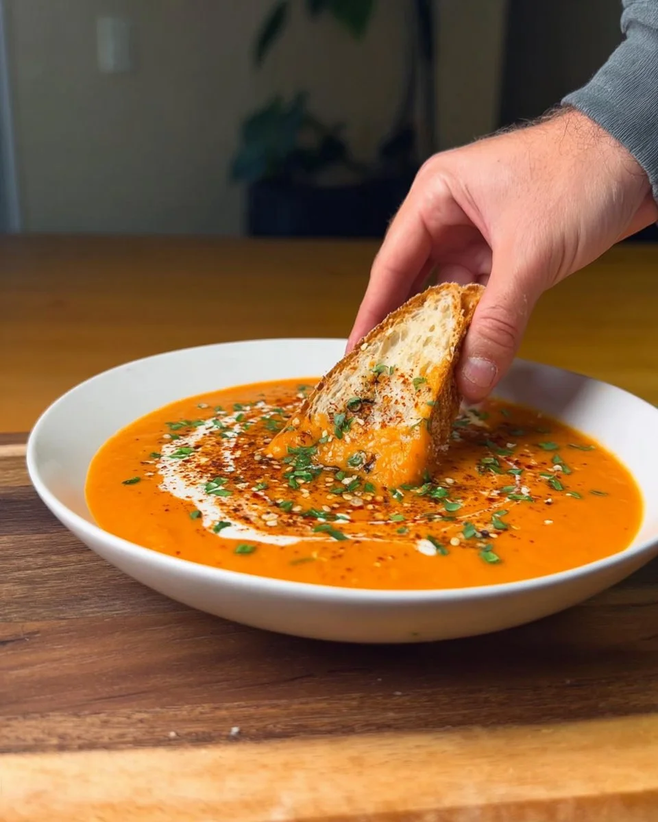 Bowl of creamy roasted sweet potato soup garnished with herbs
