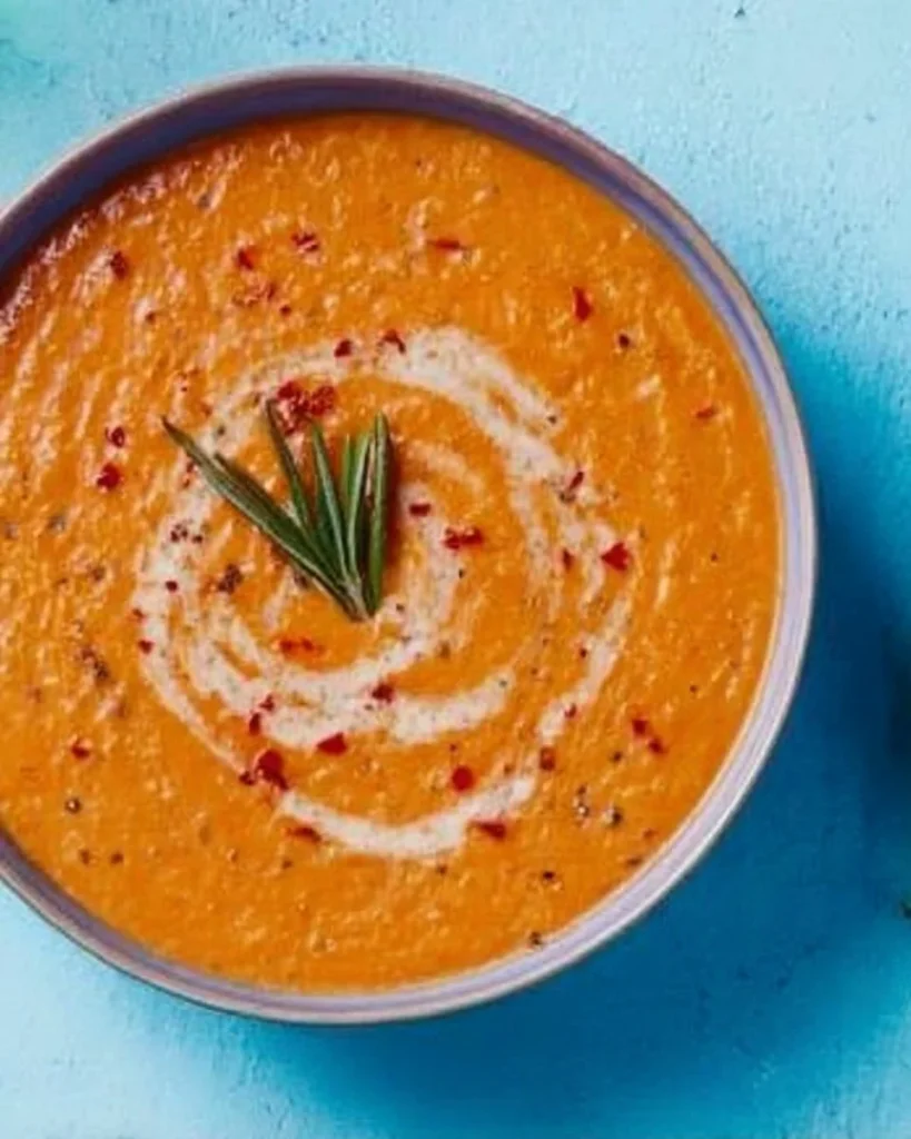 A bowl of delicious roasted vegetable soup with fresh herbs.