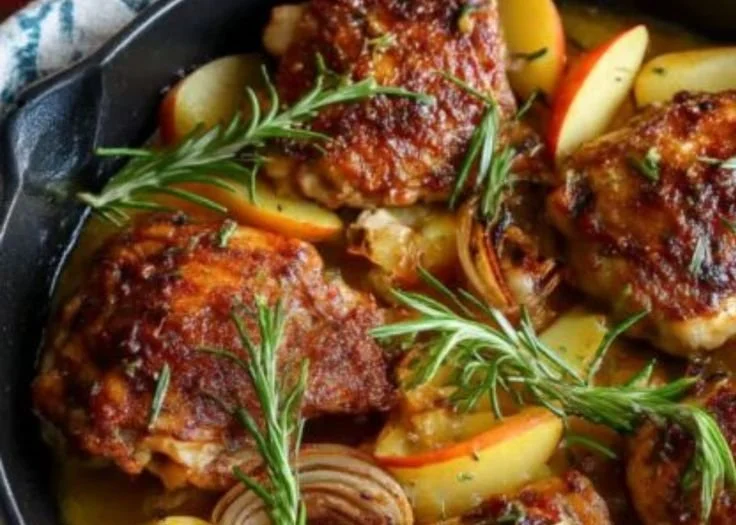 Rosemary apple cider chicken prepared with fresh herbs and spices.
