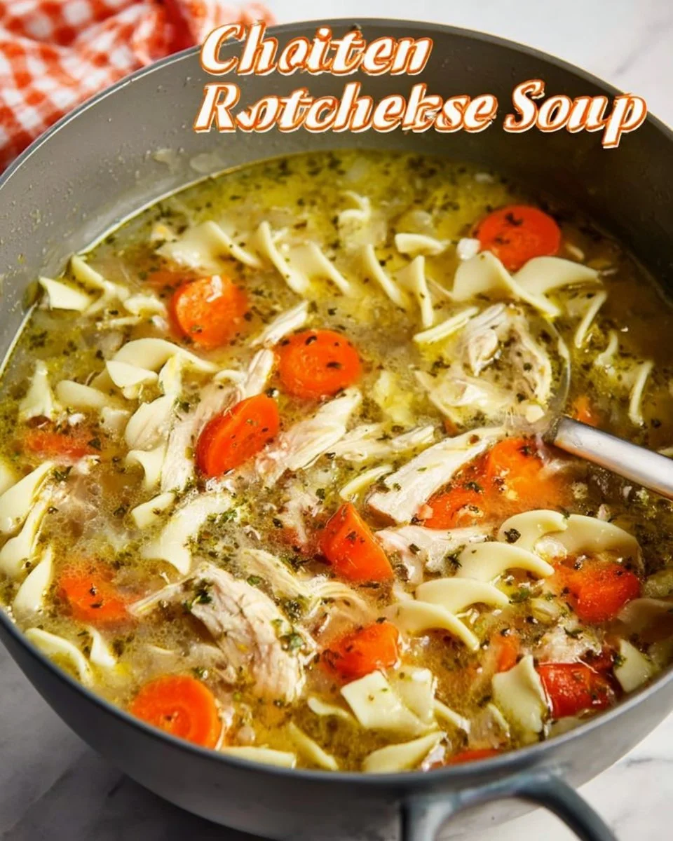 Bowl of rotisserie chicken noodle soup with vegetables and fresh herbs