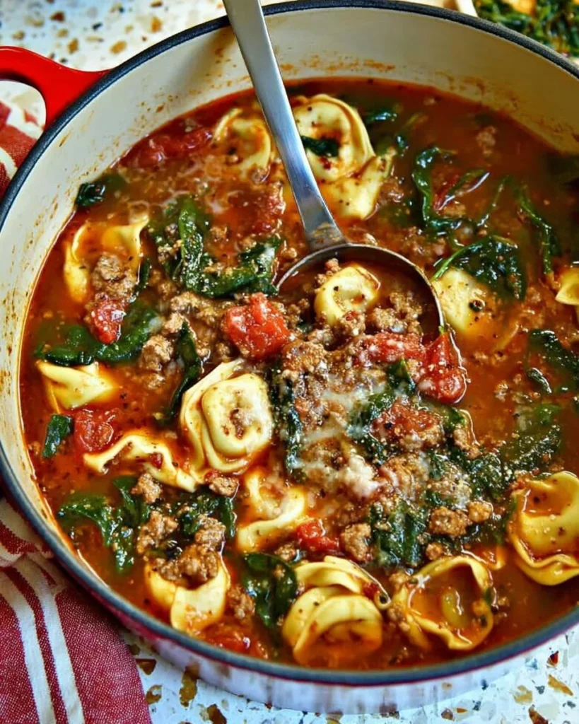 Bowl of Sausage Tortellini Soup with fresh herbs and ingredients