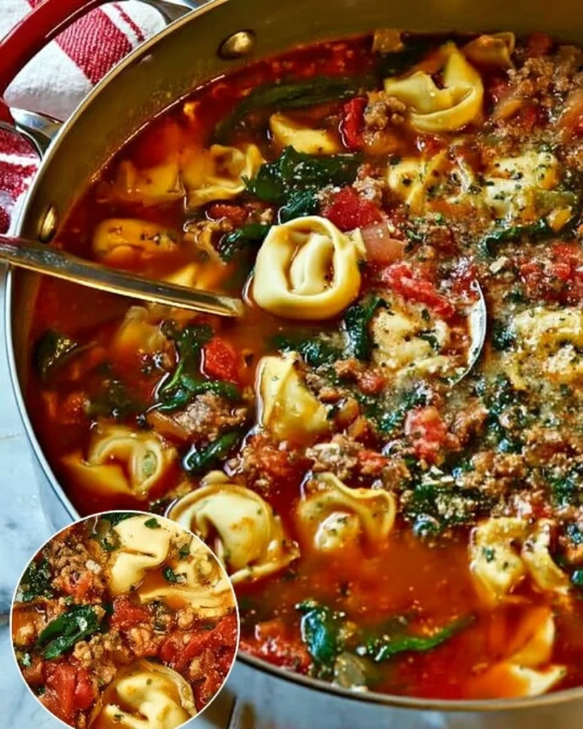 Bowl of Sausage Tortellini Soup garnished with fresh herbs
