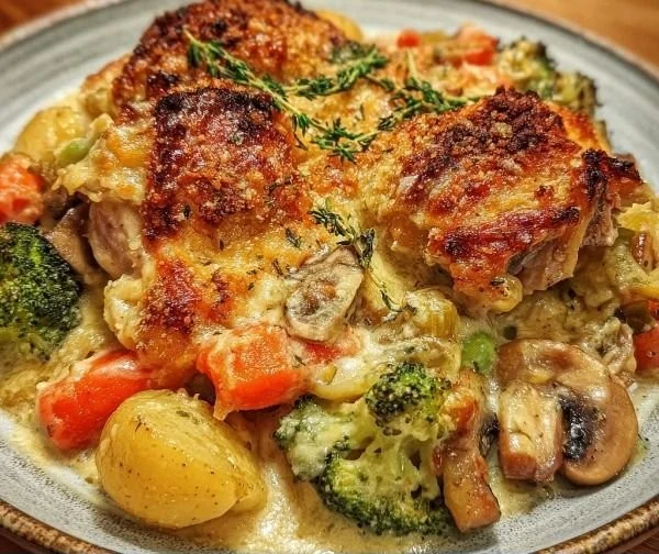Savory baked chicken casserole with creamy vegetables in a dish.