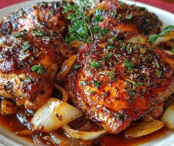 Savory slow-cooked chicken in a crockpot with herbs and vegetables.