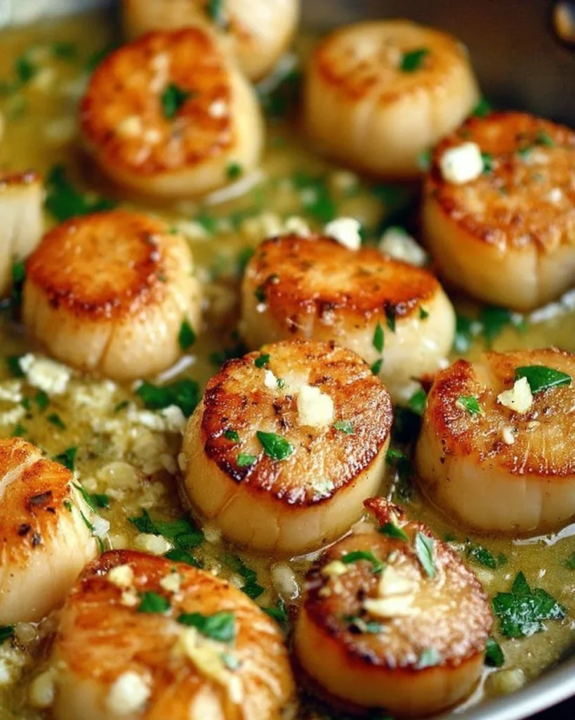 Seared scallops in lemon butter garlic sauce served on a plate