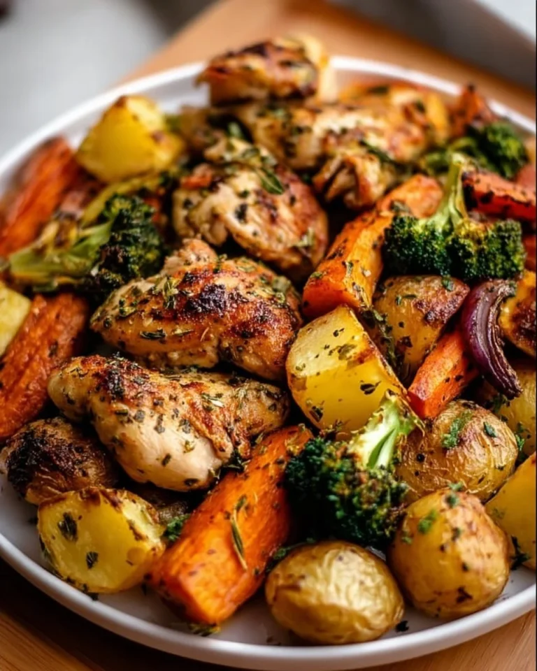 Sheet pan lemon herb chicken with colorful vegetables ready to serve.