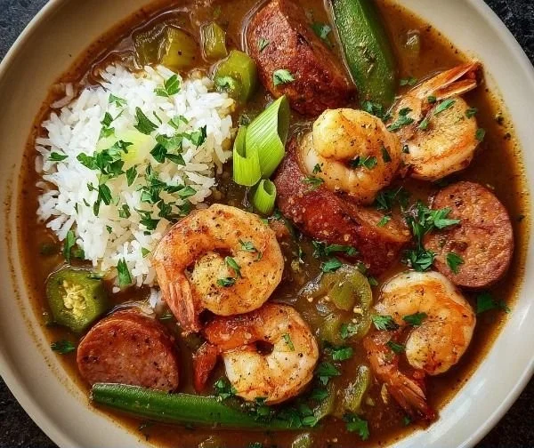 A bowl of Shrimp and Sausage Gumbo, rich in spices and ingredients.
