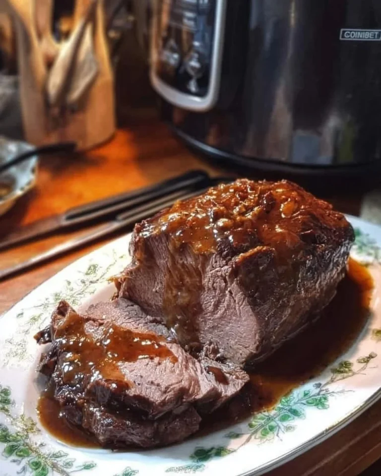 Juicy slow cooked roast beef on a platter garnished with herbs.