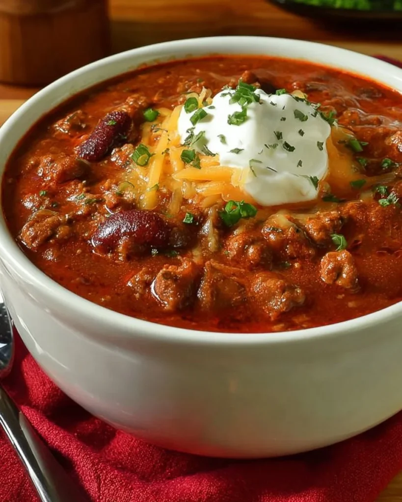 Slow cooker beef chili dish served in a bowl with toppings