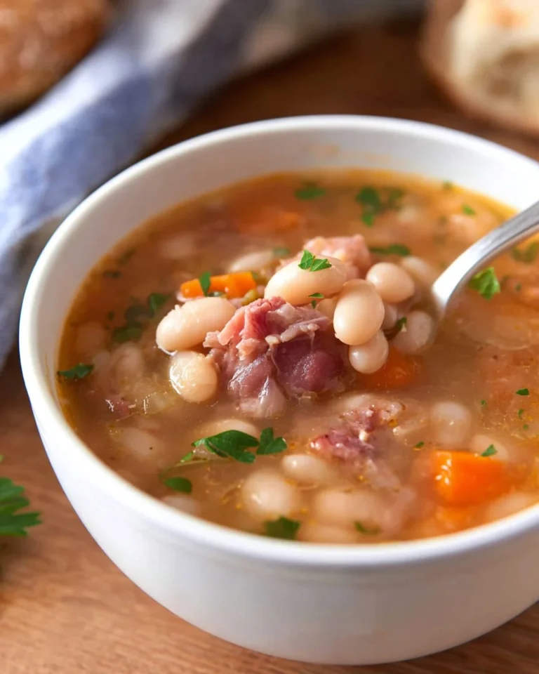 Delicious Slow Cooker Ham and Bean Stew in a bowl, garnished with herbs